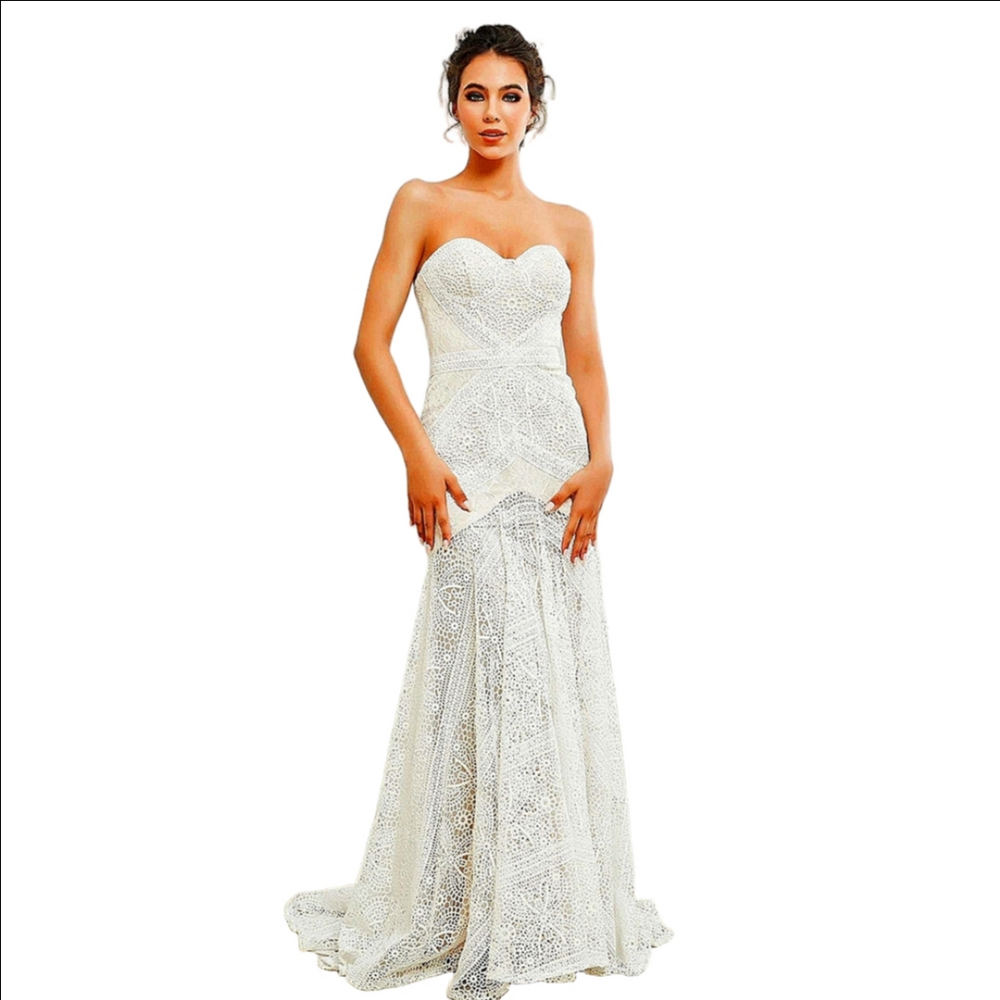 Strapless Ivory Nude Lace Boho Beach Wedding Dress Sweetheart Mermaid Gown Prom